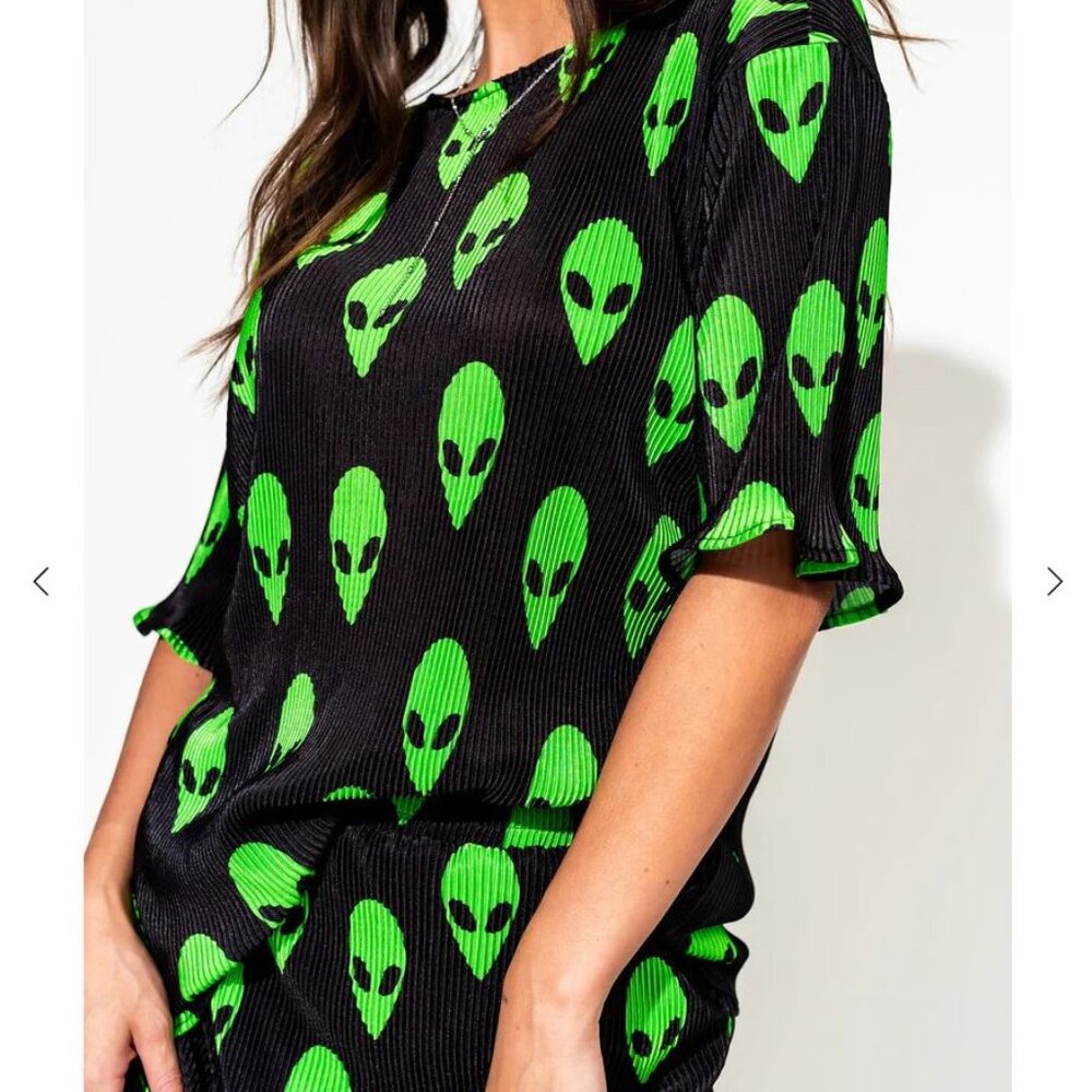 Dressed in LALA Black Blouse with Green Alien Print